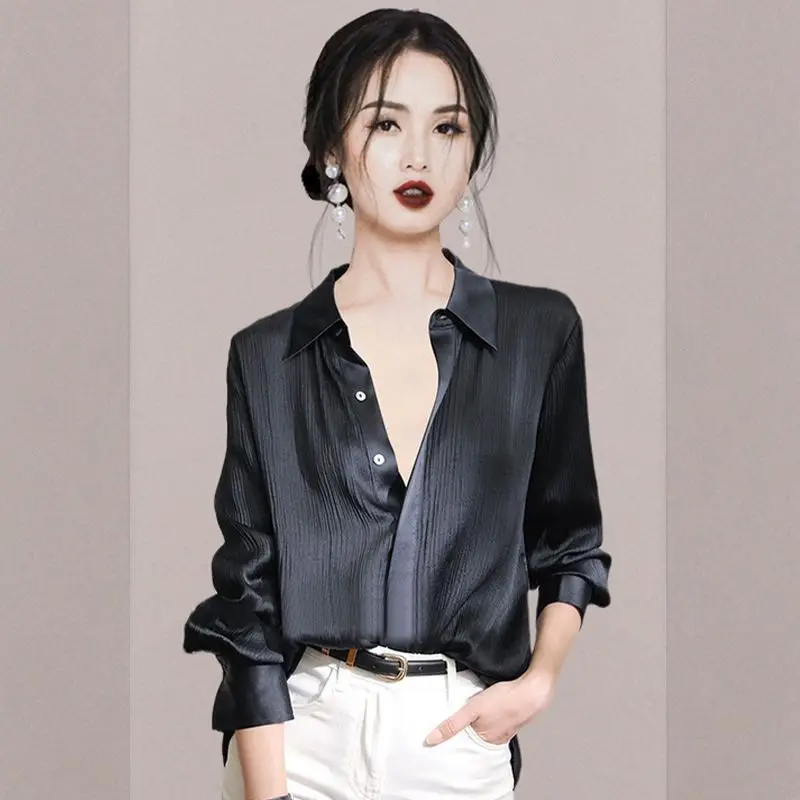 Black Temperament Loose Blouse Spring Autumn New Long Sleeve Solid All-match Vintage Shirt Tops Casual Fashion Women Clothing