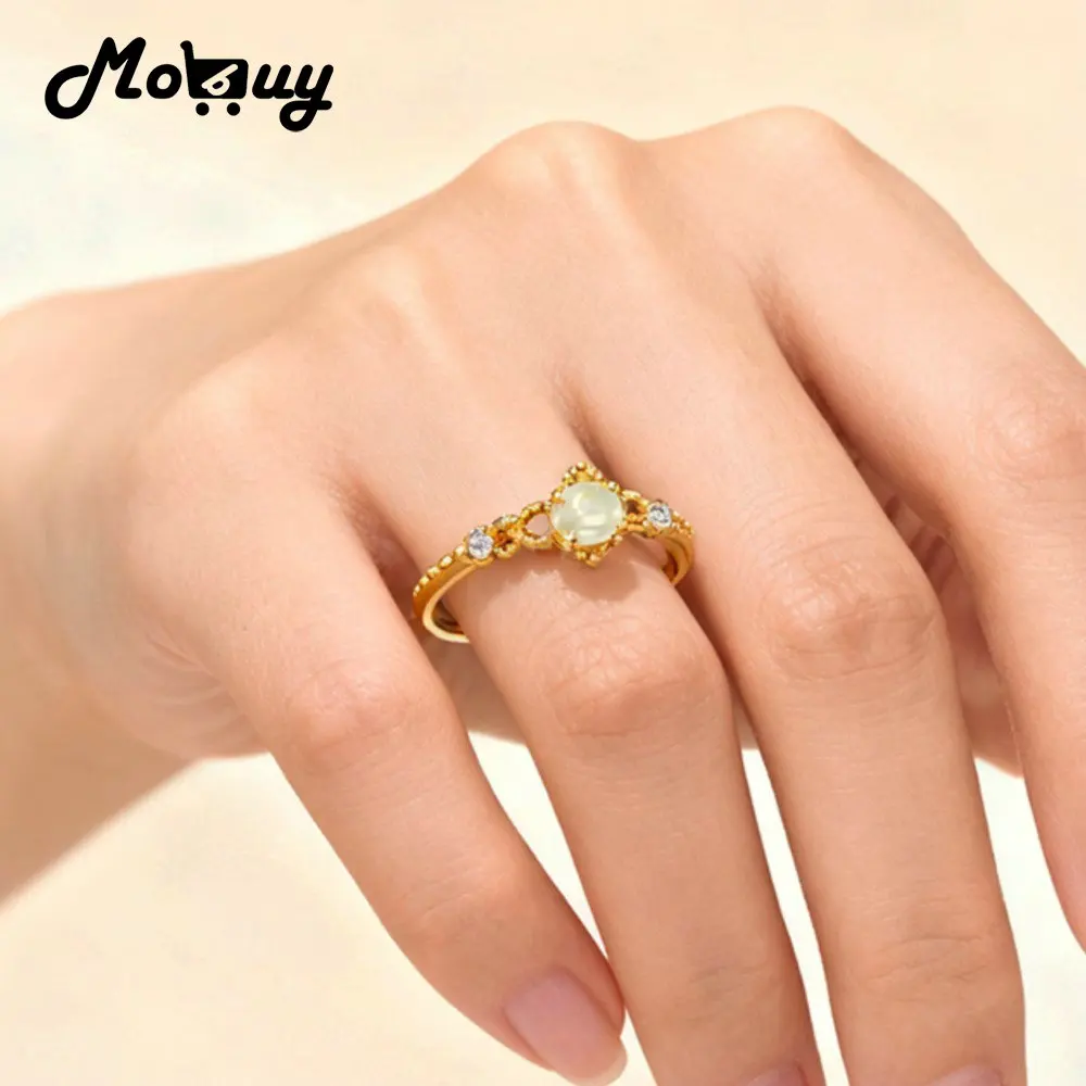 

MOBUY INS Роскошное кольцо из натурального пренита с драгоценным камнем для женщин, винтажное ажурное кольцо из стерлингового серебра 925 пробы, золото Vermeil, ювелирные изделия, подарок