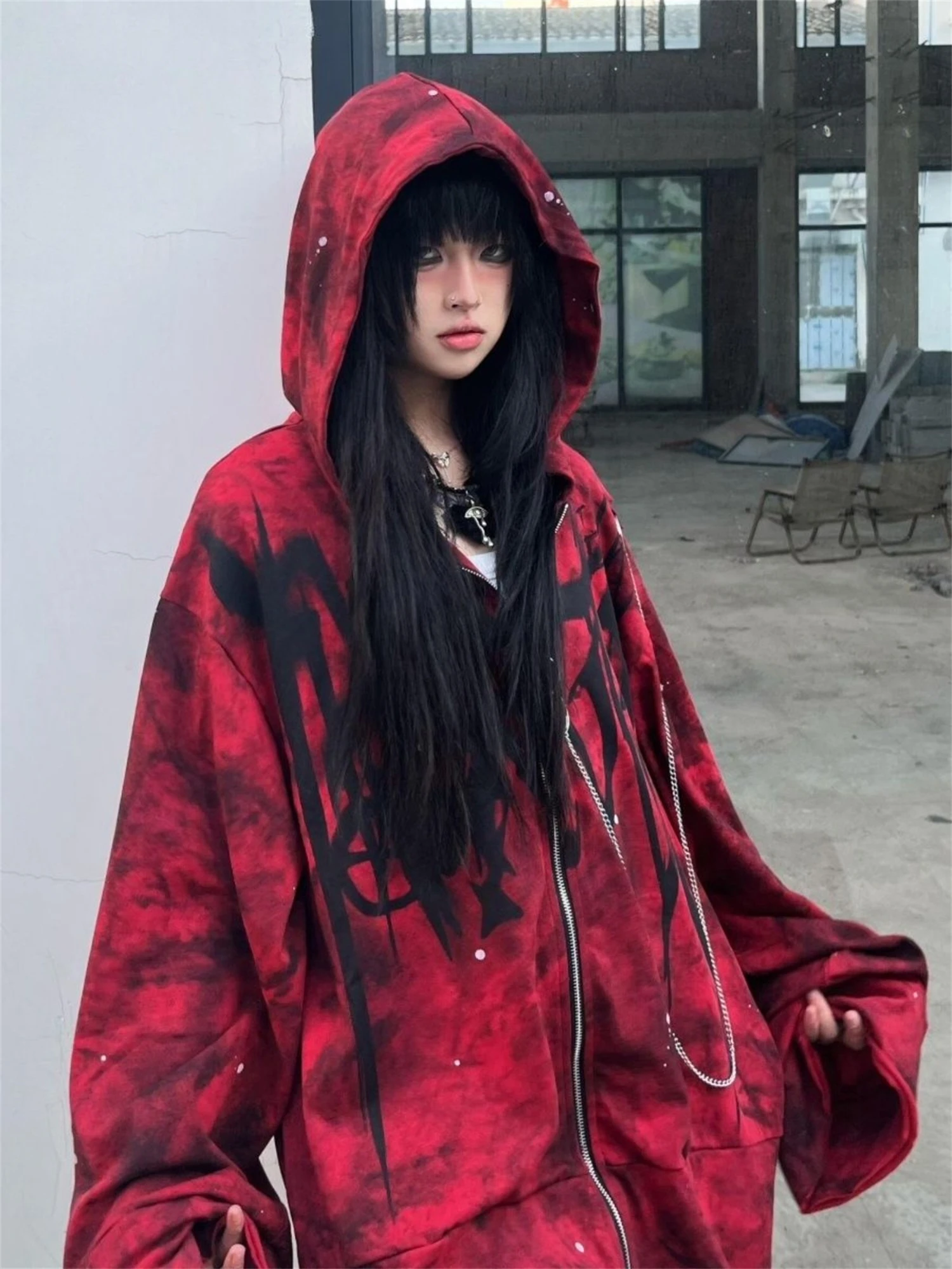 

Women's Red Tie-dye Zip-up Hoodie Chain Detail Graffiti Print Oversized Fit Edgy Dark Streetwear Casual Fashion Top 2025
