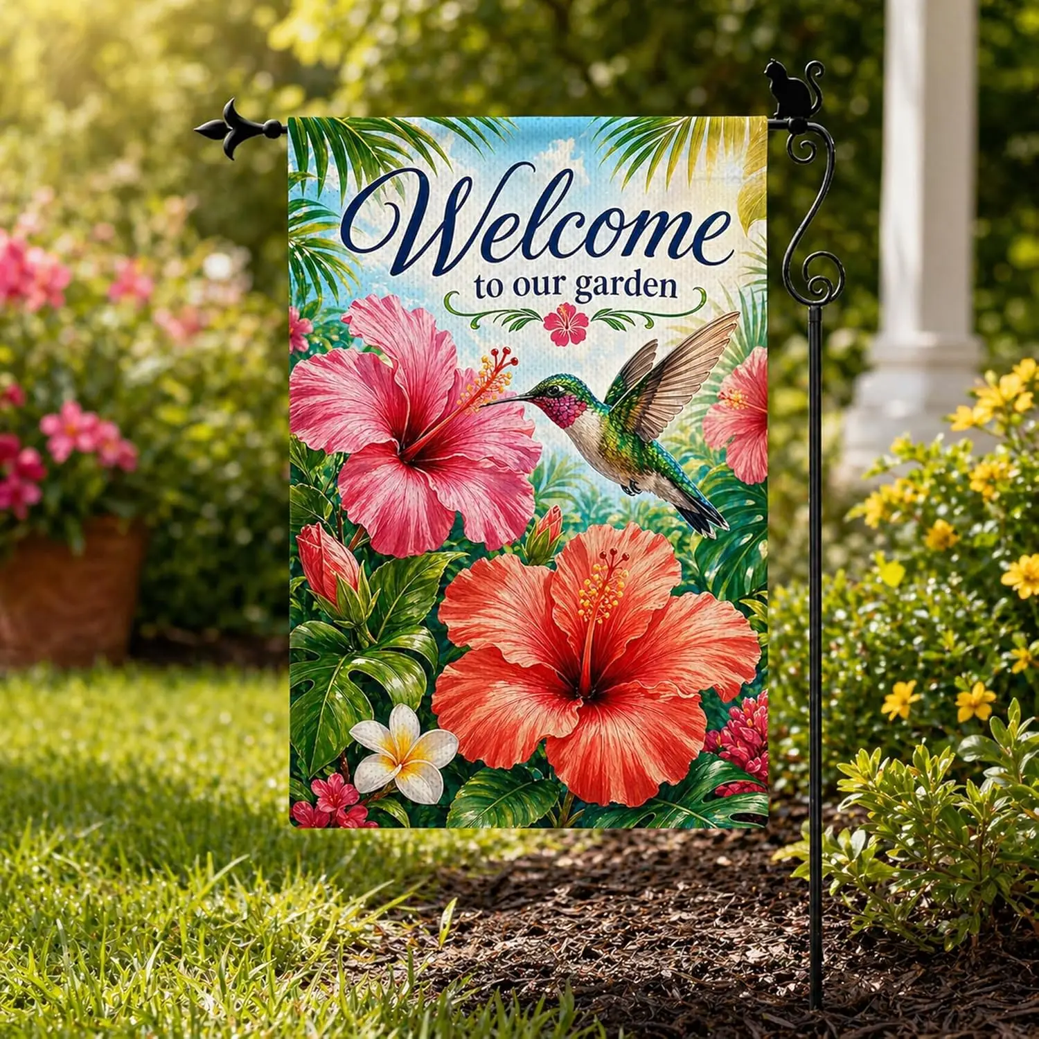 Welcome to Our Garden Hummingbird Hibiscus Garden Flag, Double Sided 12 x 18 Inch Burlap Outdoor Yard Flag for Porch Patio L PPZ