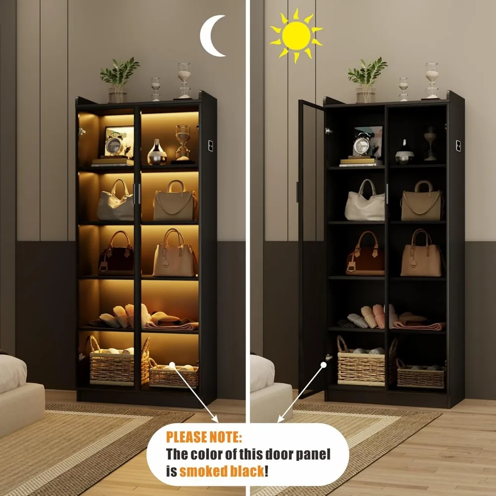 Vitrinekast met deuren en verstelbare planken, 65 inch hoge boekenkast met LED-verlichting/menselijke sensor, 5-laags vitrine