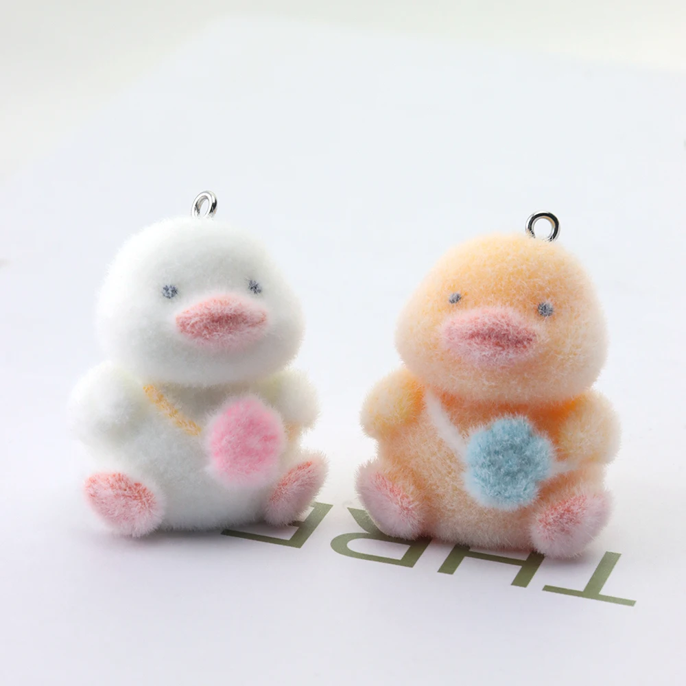 10pcs 3D Flocking Resin Duck Charms Cute Animal Plush Dolls Pendant for Necklace Keychain Earring DIY Making Jewelry Accessories