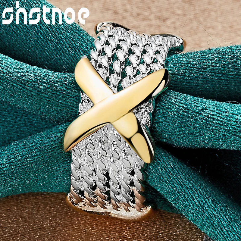 SHSTONE 925 Sterling Silver Fashion Charm Gold Letter X Ring For Women Men Bridal Wedding Engagement Party Birthday Fine Jewelry