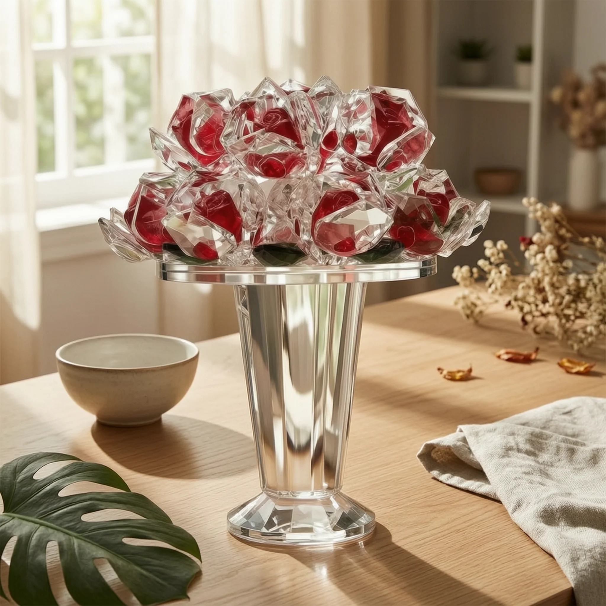 Crystal Rose Bouquet Faceted Rose Bouquet Ornament Glass Flower Figurine Decorative Elegant for Desktop, Entryway