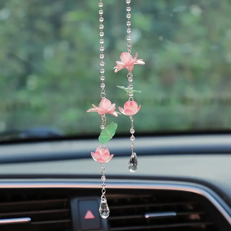 Exquisite Summe Car Pendant Decoration Pink Lotus Simulated Flower Car Rearview Mirror Hanging Accessories Ornaments Woman Gift