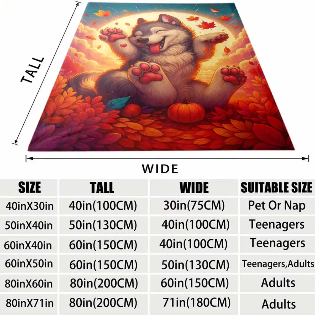 Sweet Cartoon Husky Autumn Leaves Pattern Flannel Blanket Soft Comfortable Throw Blanket Pet Print Blanket Holiday Birthday Gift
