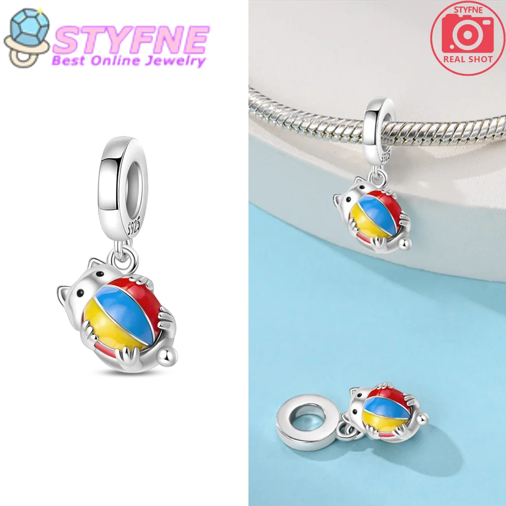 Exquisite 925 Sterling Silver Cat Play Colored Leather Ball Charm Fit DIY Bracelet Necklace Women's Birthday Jewelry Gift