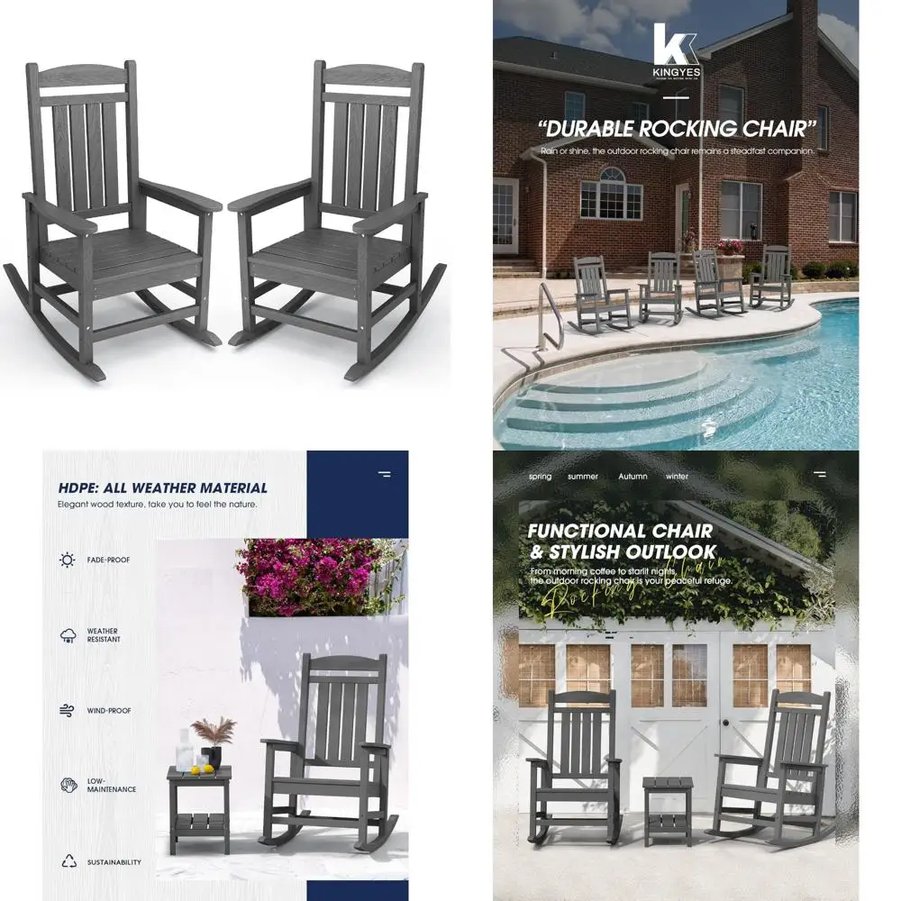 Outdoor Rocking Chairs Set of 2 for Adults, HDPE Patio Rocking Chairs, Grey, Porch Rocker Chairs for Relaxation