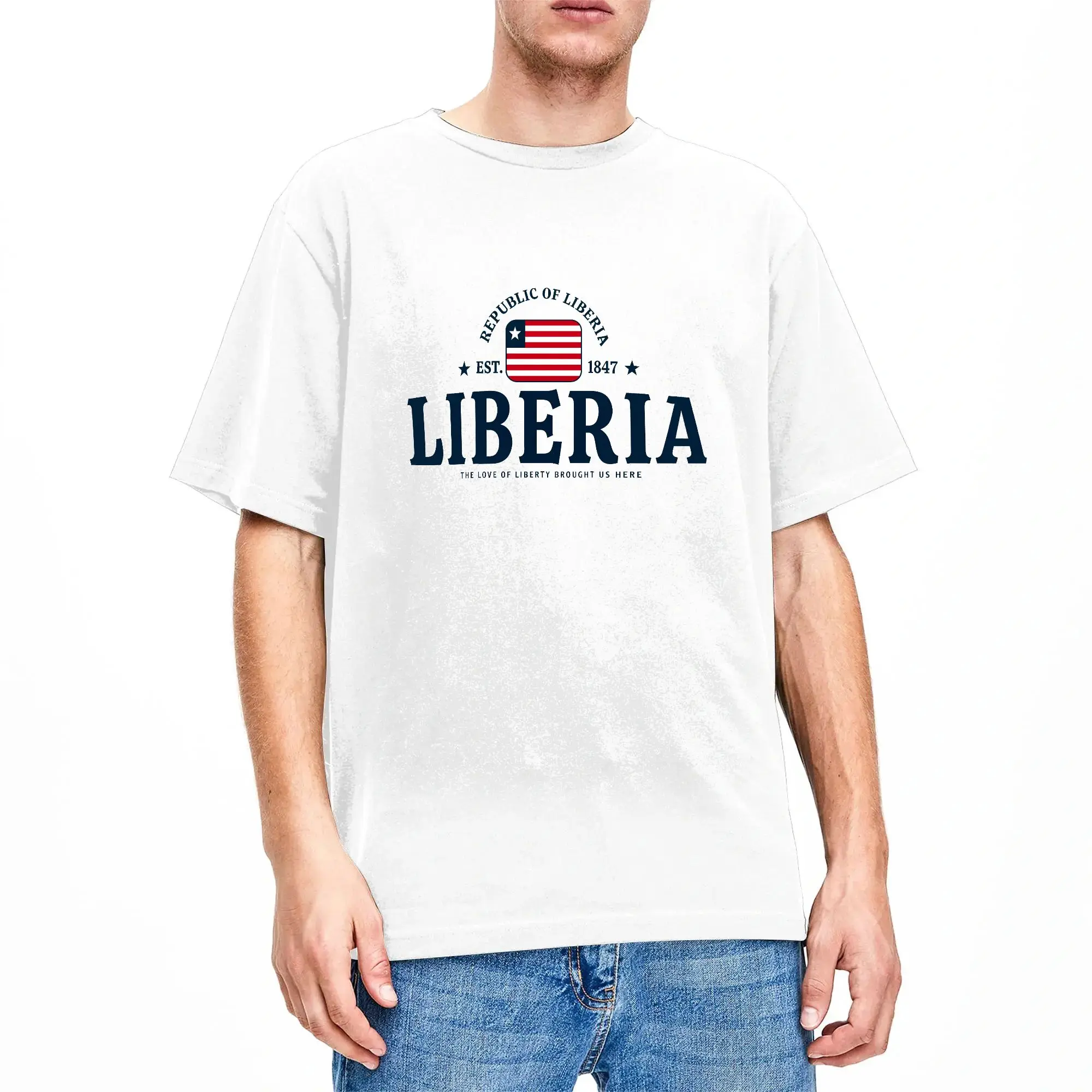 Men T-Shirt Liberia Independence Day Vintage Pure Cotton Tees Short Sleeve  T Shirt Round Collar Tops Classic