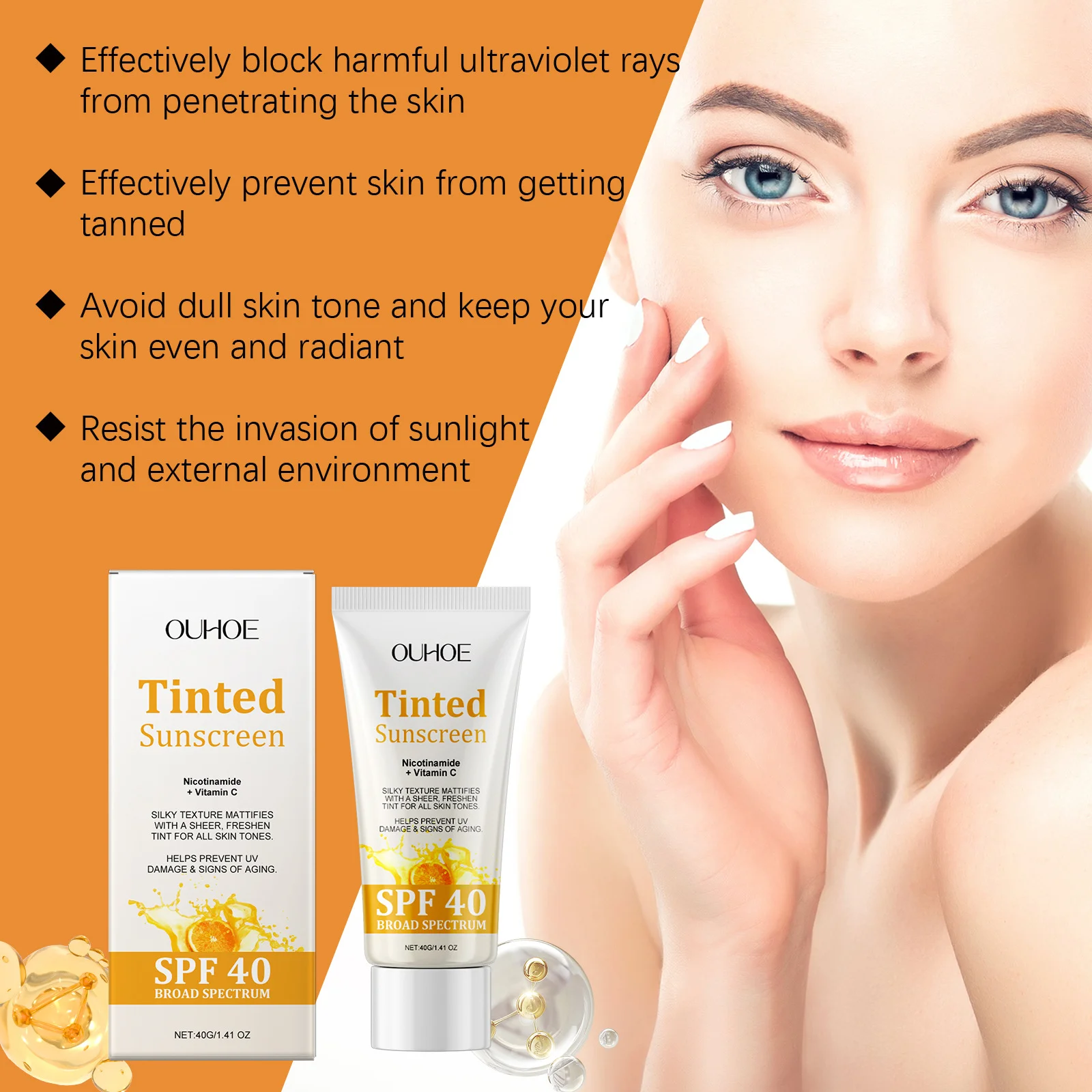 OUHOE Tinted Sunscreen SPF40 Whitening Sunblock Skin Protective Solar Oil-Control Hydrating Antioxidant Glowing Anti Sun Cream