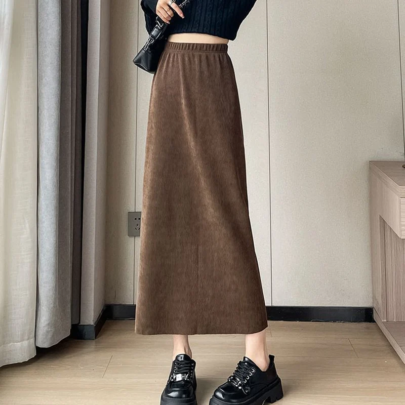 Rimcoy Vintage Corduroy Midi Skirt Women Autumn Winter High Waist Split Skirts Woman Elegant Solid Color One-Step Skirt Female