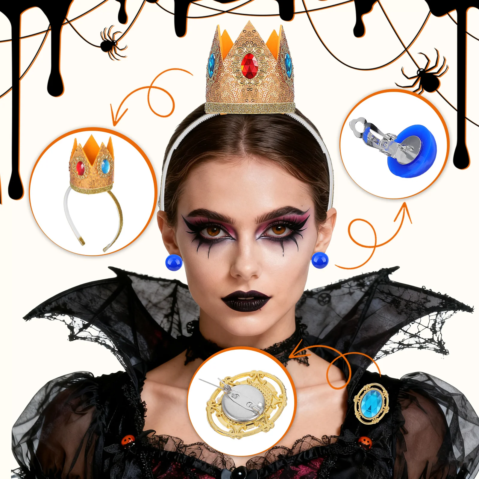 1 세트 여성 소녀 공주 의상 액세서리 크라운 헤어 후프 귀걸이 장갑 브로치 코스프레 생일을위한 경량 휴대용