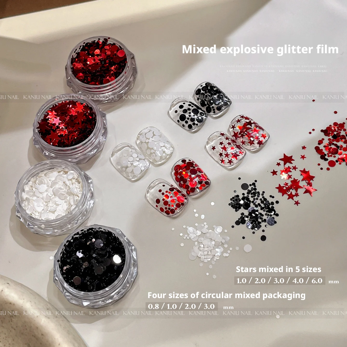 Kanui Mini Nail Art Glitter Lentejuelas de Estrella Roja Tamaños Surtidos Decoraciones de Uñas de Puntos Blanco y Negro