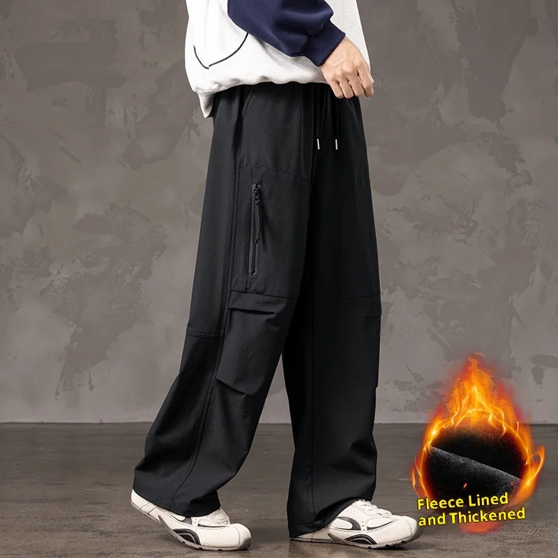 メンズ フリース裏地付き 厚手 カーゴ ワイドレッグ パンツ 複数のポケットとジッパーのデザイン、ストリートスタイル、ゆったりフィット、スリムフィット、冬の暖かさと耐寒性、ブラック どんなスタイルにも万能、日常の外出に最適