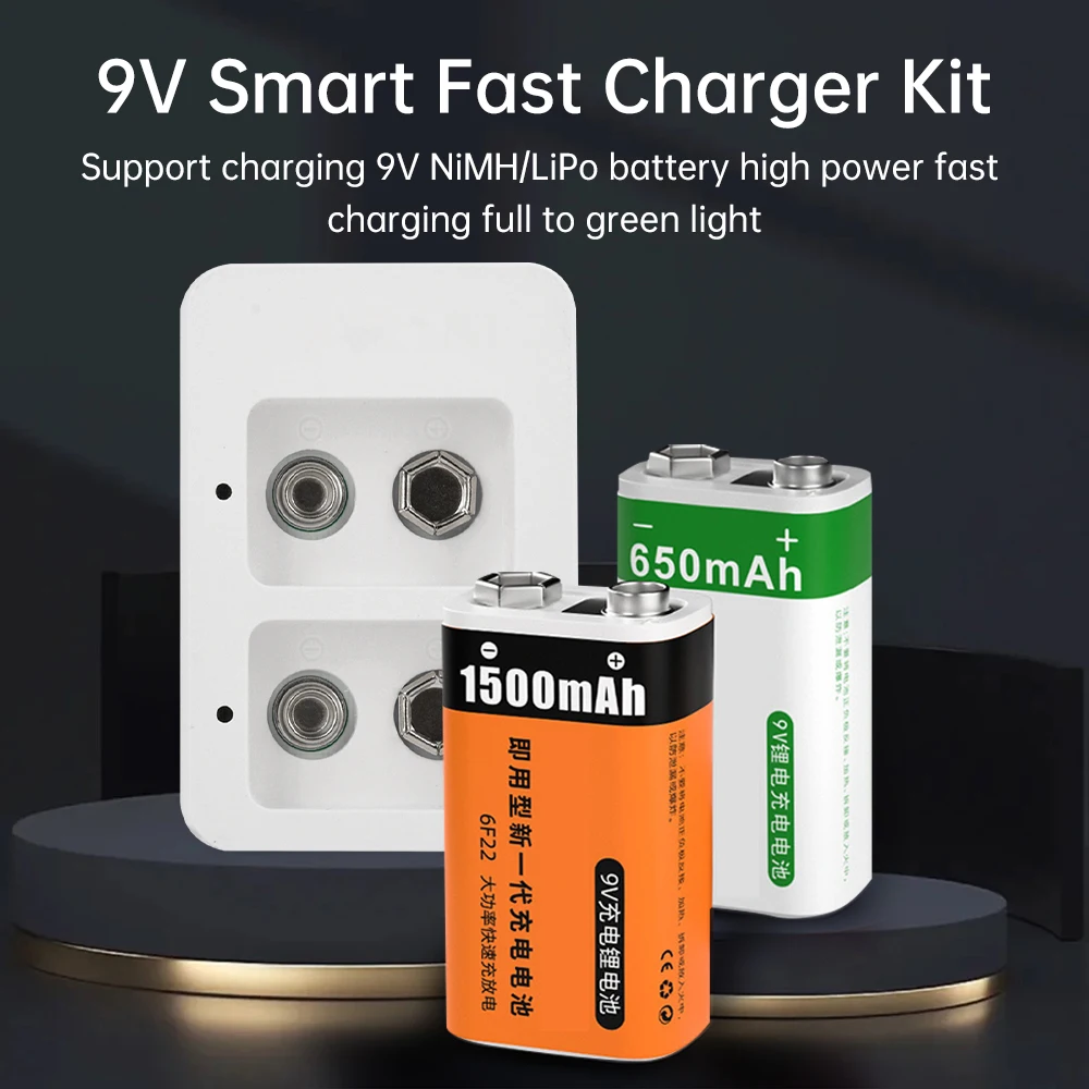 For 9V Ni-MH/Ni-Cd/Li-ion Rechargeable Batteries Smart 2 Slots 9V Fast Battery Charger With LED Indicators USB Cable
