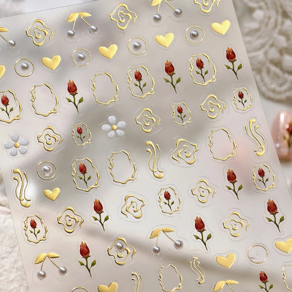 Chic Botanical Flower 5D Nail Art Sticker Nero Bianco Sheer Floral Gold Stamping Petalo in fiore Affascinante adesivo per manicure