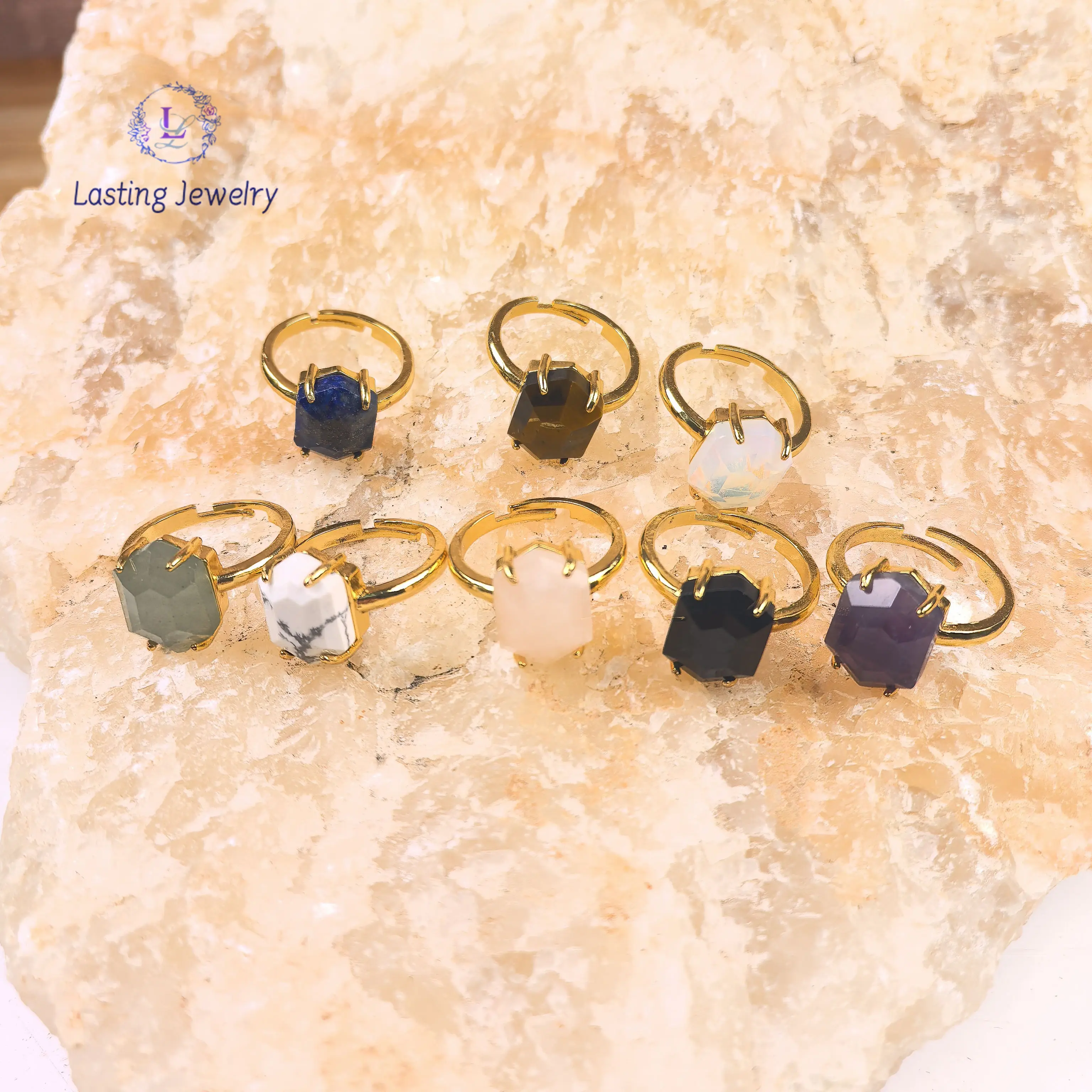 

Faceted Hexagonal Amethyst Turquoise Adjustable Rings,Natural Crystal Rose Quartz Tiger eye Lapis Finger Ring Fashion Jewelry