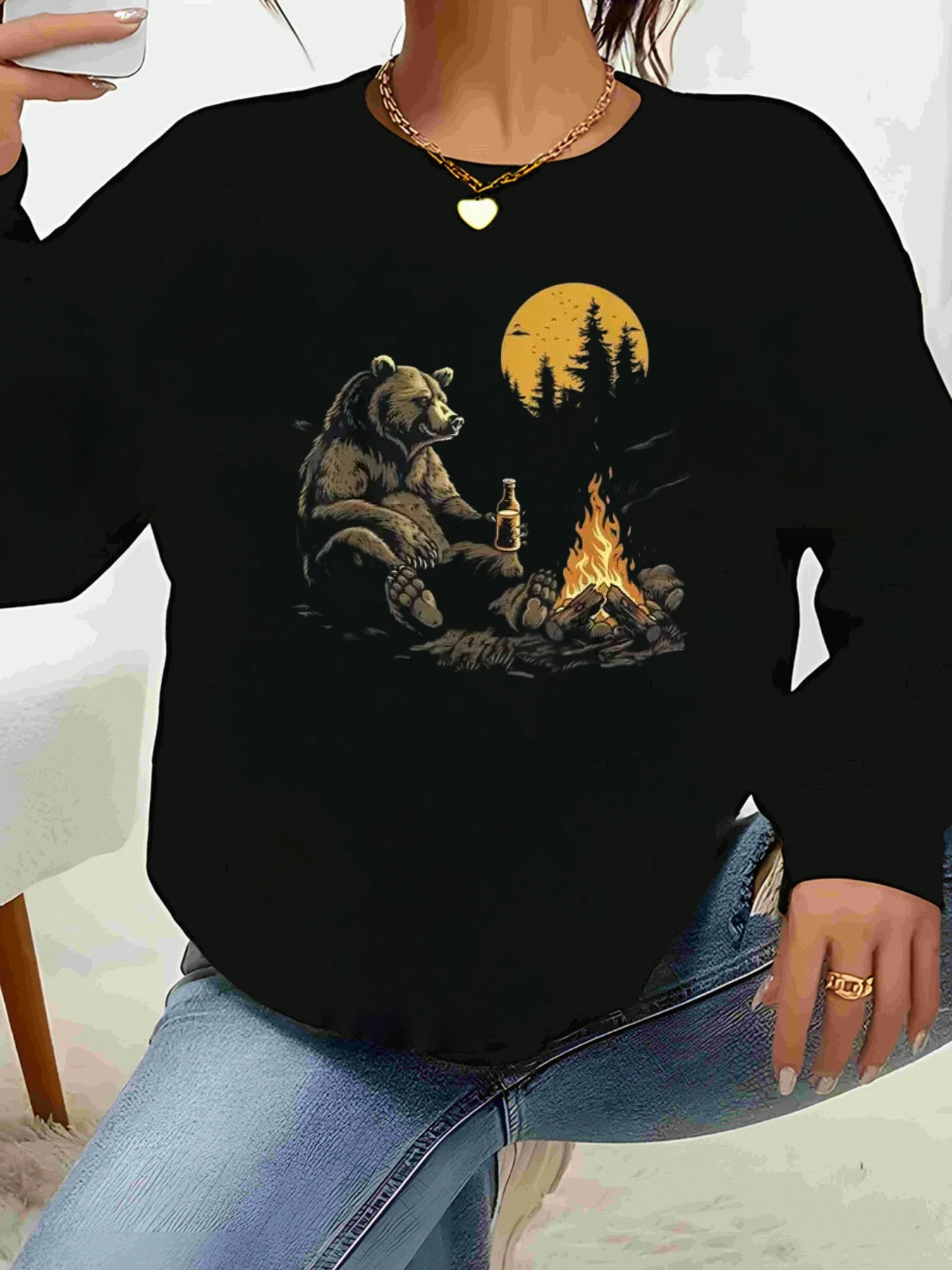 

Топ с длинными рукавами и принтом медведя, костра, луны, осенний уличный повседневный женский свитер