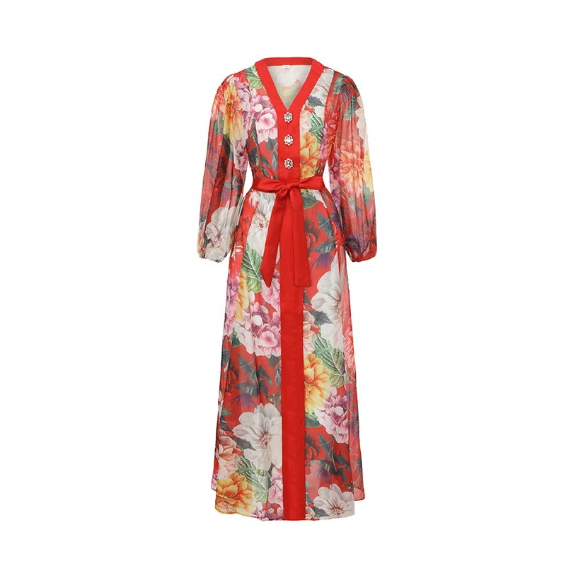 

Женское летнее богемное шифоновое платье с цветочным принтом, V-образным вырезом, длинными рукавами-фонариками, поясом, для пляжа и отпуска, в стиле бохо, для подиума