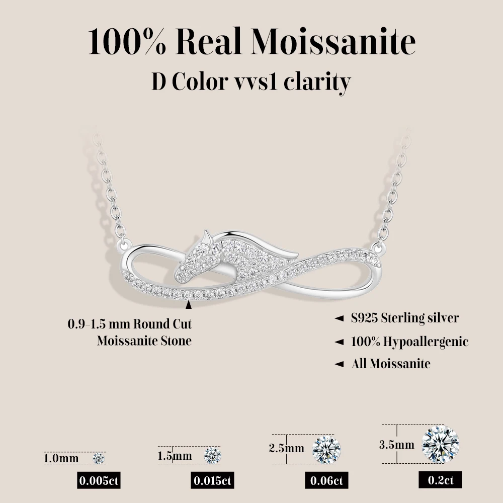 MINTYBOX Trendy Infinity Horse DVVS1 Moissanite Necklaces for Women Men 925 Sterling Silver Engagement Wedding Fine Jewelry Gift