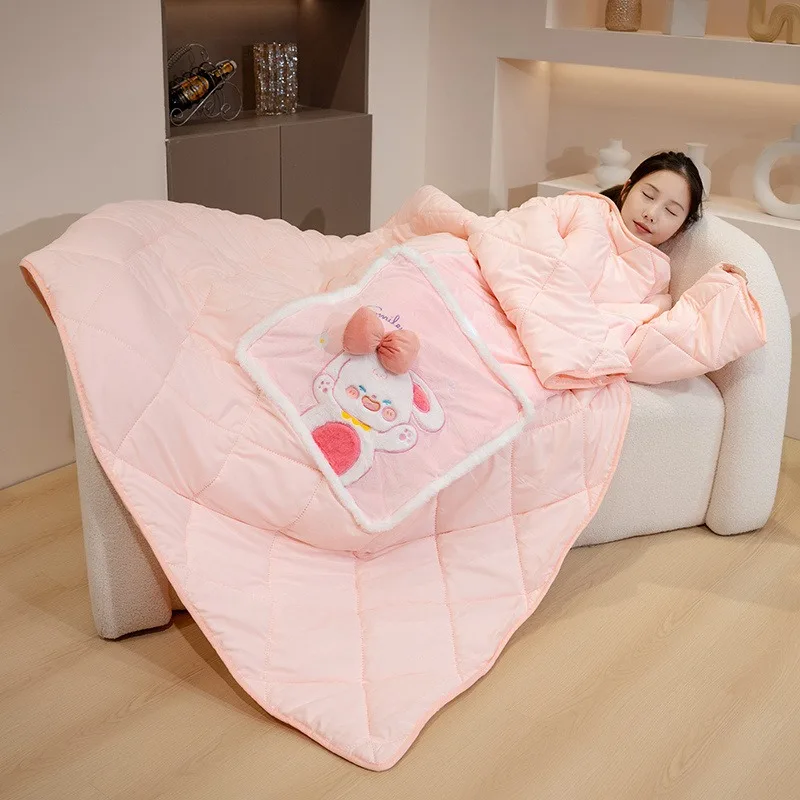 Cartoon Wearable Pillow Quilt With Sleeves Thick Warm Lazy Blanket 2 in 1 Foldable Cushion Office Nap Sofa Bed Car Travel Winter