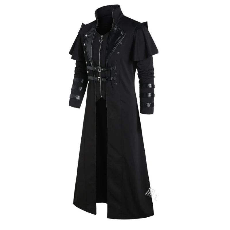 Vintage Halloween Medieval Steampunk Assassin Elves Pirate Costume Adult Men Black Long Split Jacket Gothic Armor Leather Coats