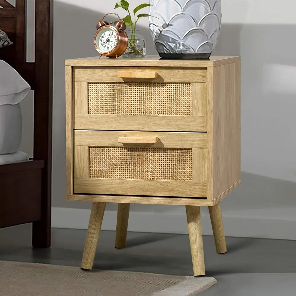 

Nightstand, End Table, Side Table With 2 Hand Made Rattan Decorated Drawers, Wood Accent Table With Storage For Bedroom,