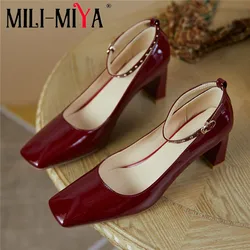 MILI-MIYA Concise Design Women Cow Patent Leather Pumps Square Toe Ankle Wrap Thick Heels Buckle Strap Size 34-40 Handmade