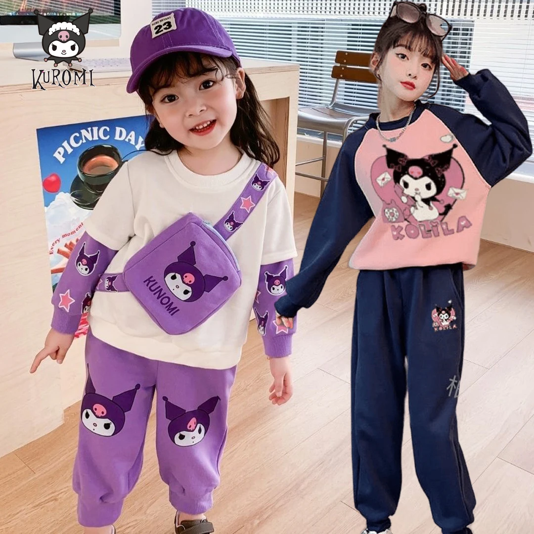 Anime Kawaii Sanrios Kuromi Kids Sports Sweater Set Cartoon Girl Top Pants Cute Two-Piece Suit Doll Collar Sweatshirt Mesh Dress