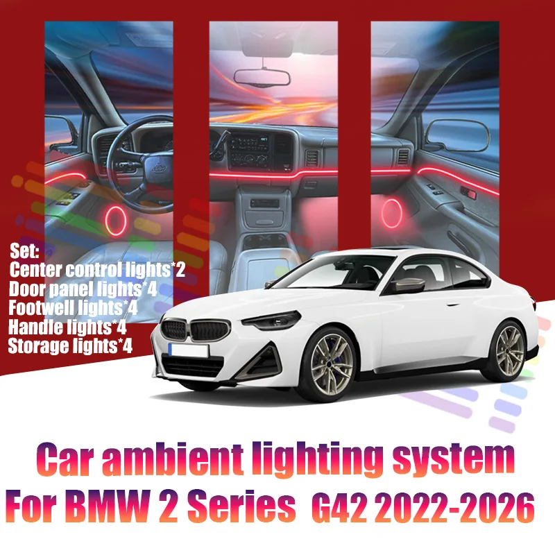 

Для BMW 2 серии G42 2022-2026: Светодиодные атмосферные лампы, цветная подсветка салона, неоновая лента, 64 RGB-цвета
