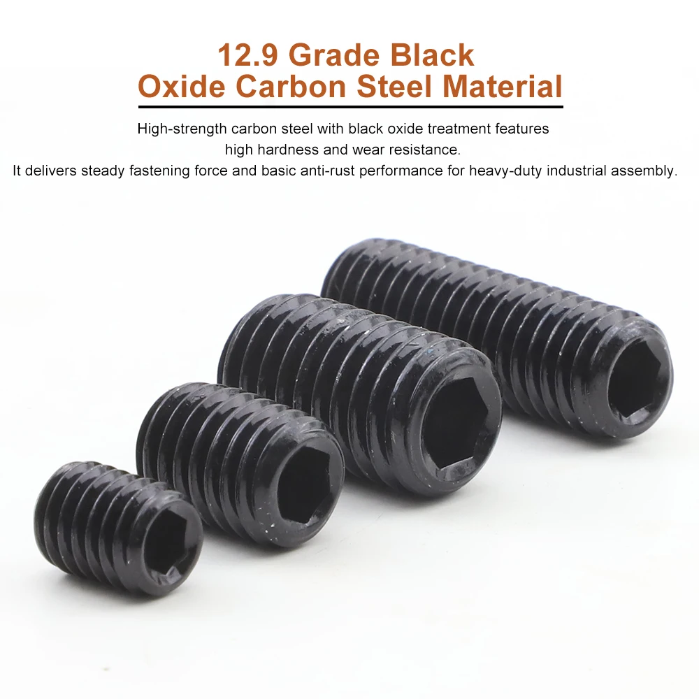 Black 12.9 Grade Allen Drive Flat head Grub Screw M2 M3 M4 M5-M16 Hexagon Socket Set Screws with Flat Point for Door Lock Handle