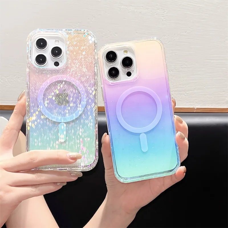 الليزر شبكة نمط أورورا بريق المغناطيسي قضية الهاتف آيفون 16 15 14 13 12 برو ماكس زائد 11 الملونة واضح للصدمات قذيفة