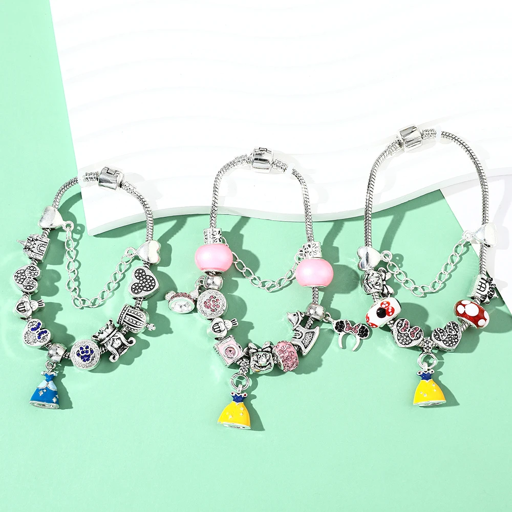 Disney Anime Crystal Beaded Bracelet Classic Cartoon Figure Donald Duck Mickey Mouse The Lion King DIY Charm Bangle Jewelry