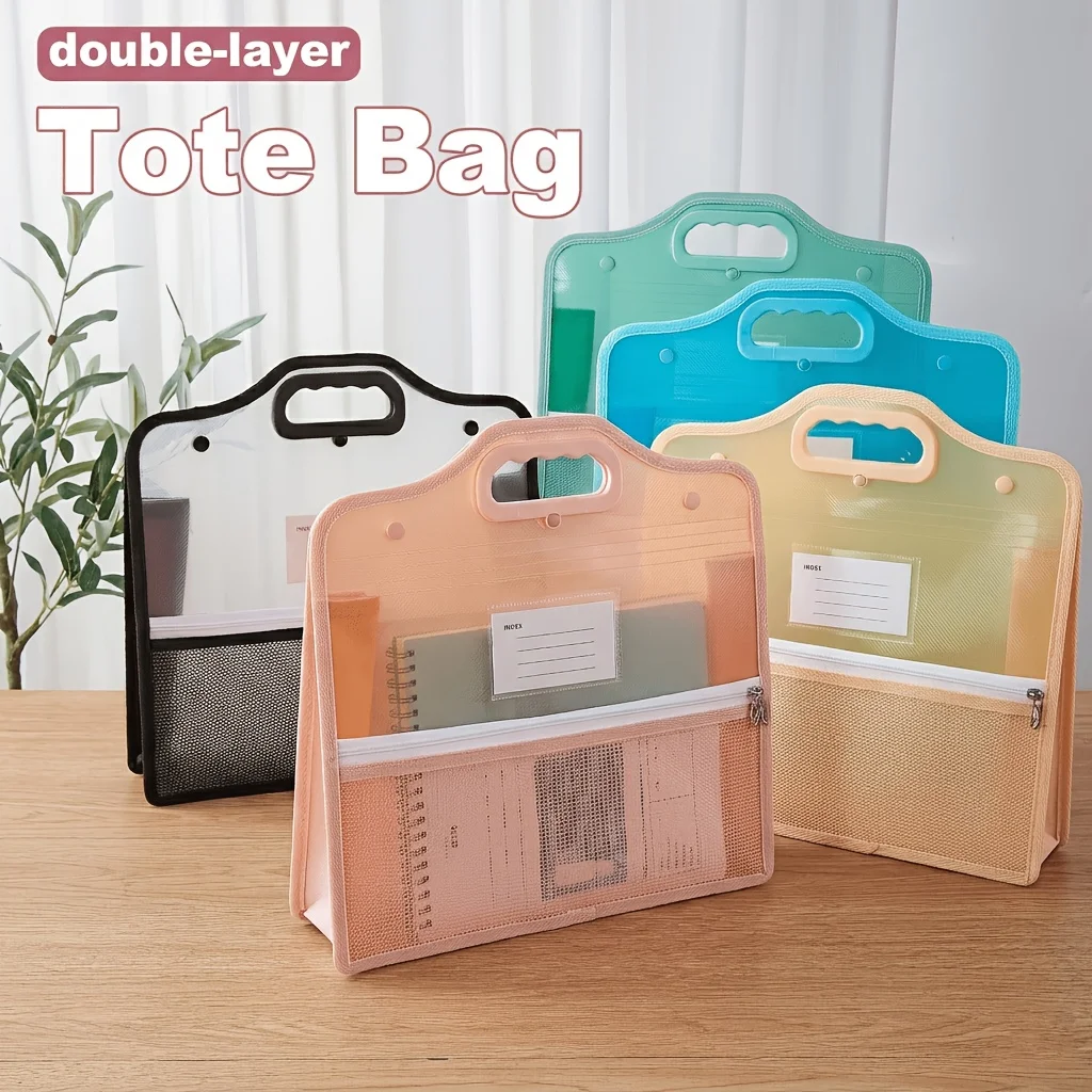 1pc Lightweight Water-Resistant Double-Layer Tote Bag,Document Folder,Study Tote with Front Zippered Mesh Pocket,Organizer