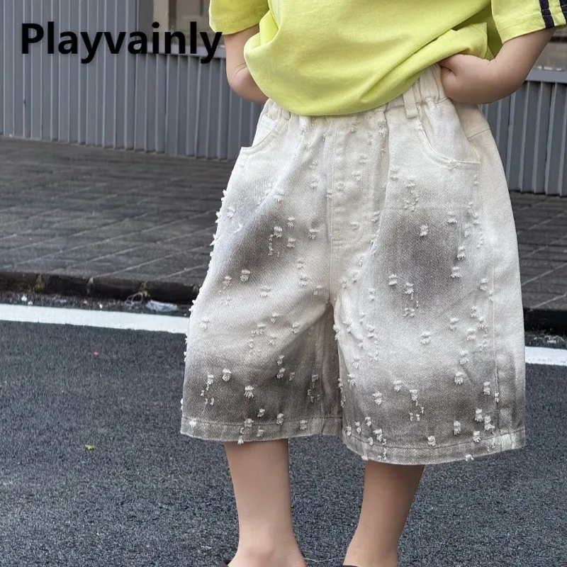 

Летние шорты для маленьких девочек и мальчиков с эластичной резинкой на талии, белые рваные средние брюки в стиле ретро, повседневные свободные короткие штаны, детская одежда A52026