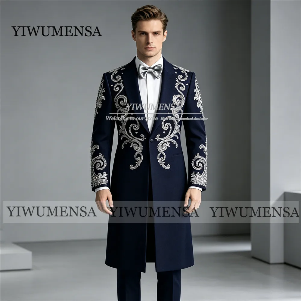 Exclusive Beaded Stones Wedding Suit For Man 2 Piece Sets Double Breasted Jacket Pants Slim Fit Groom Tuxedo Men's Dinner Outfit