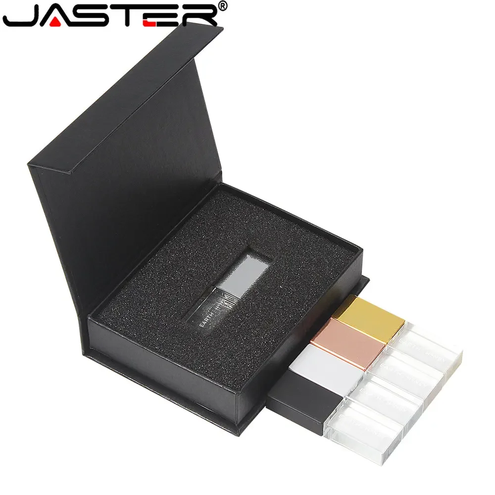 JASTER nueva unidad Flash USB 2,0 cristal negro dorado con caja de regalo negra 64GB 32GB 16GB logotipo personalizado gratis regalo de fotografía de boda