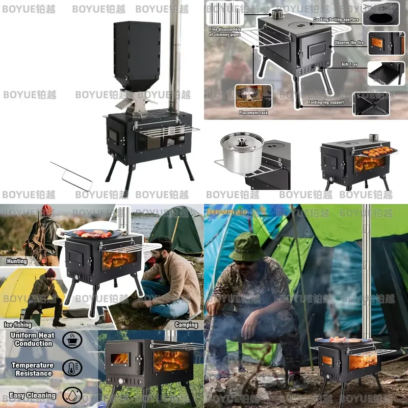 Portable Outdoor Camping Wood-burning Stove Wood Burner Stainless Steel Foldable Tent Heater w Tent Fire Window Patio