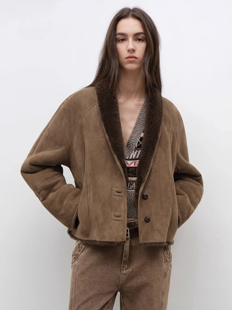 

High-end Luxury Merino Sheep Fur Winter Suede Jacket for Women 2026 New Simple Vintage Loose Short Genuine Leather Real Fur Coat