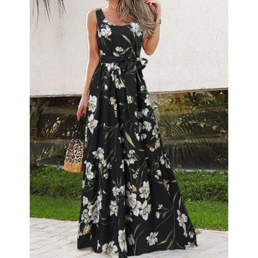 Sleeveless Camisole Dress Women High Waisted Lace Up Round Neck Pullover Dress New Summer Printed Casual Lace Up Waist Dress