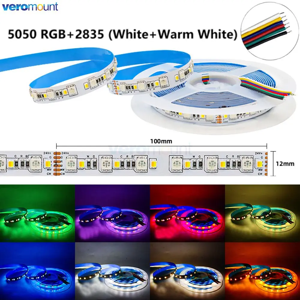 5m 12V 24V DC 5050 RGBCCT LED Strip 5050 RGB + 2835 Warm White/ White 2 in 1 CCT 120LEDs/m IP20 Flexible LED Tape 6Pin 12mm PCB