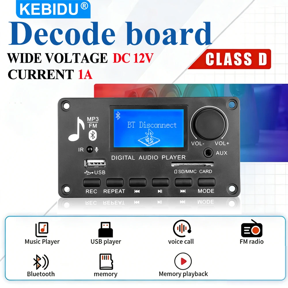Carte décodeur MP3 WMA Bluetooth KEBIDU, lecteur MP3 sans fil, lecteur audio de voiture 12V DC avec écran LCD, module audio USB TF AUX FM