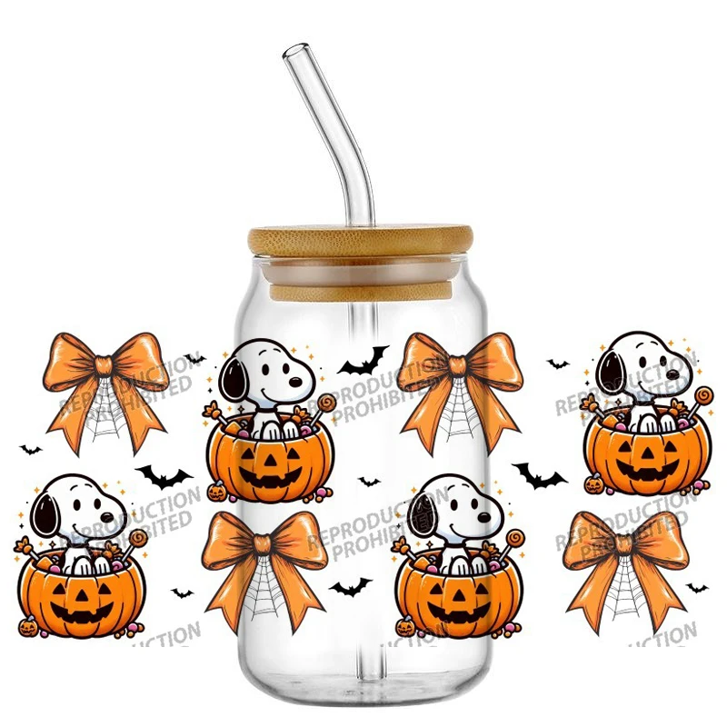 

New Cute Pumpkin Snoopy 3D Halloween 16oz Libbey Glass UV DTF Cup Wrap Washable DIY Mug Sticker Festival decorations