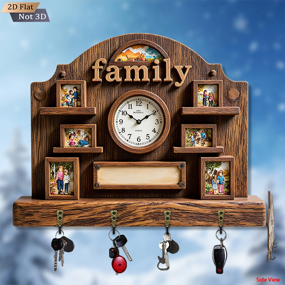 2D Plane, Retro Countryside Style Family Wall Clock Key Holder with Wooden Grain Imitation Wall Decorative Storage Hook. Include