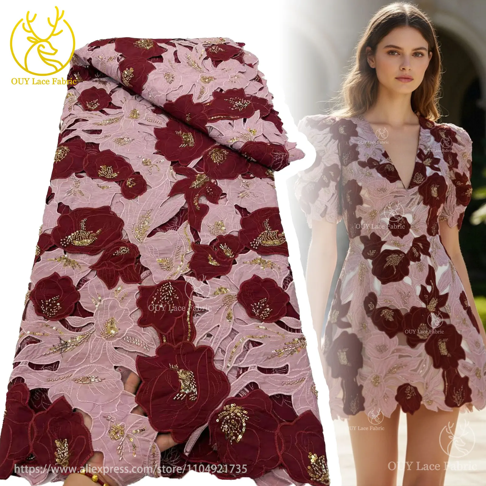 

African Guipure Lace Fabric 2025 Nigerian Water Soluble Sequins Beaded Sewing Fabric for Party Dresses Women's Clothing 5 Yards