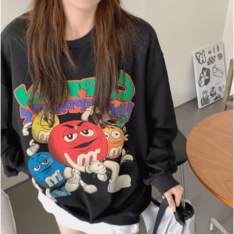 American Funny Beans Cartoon Graphic Hoodies Women Hip Hop Oversized Sweatshirt Autumn Winter All-match Couples Kawaii Clothes