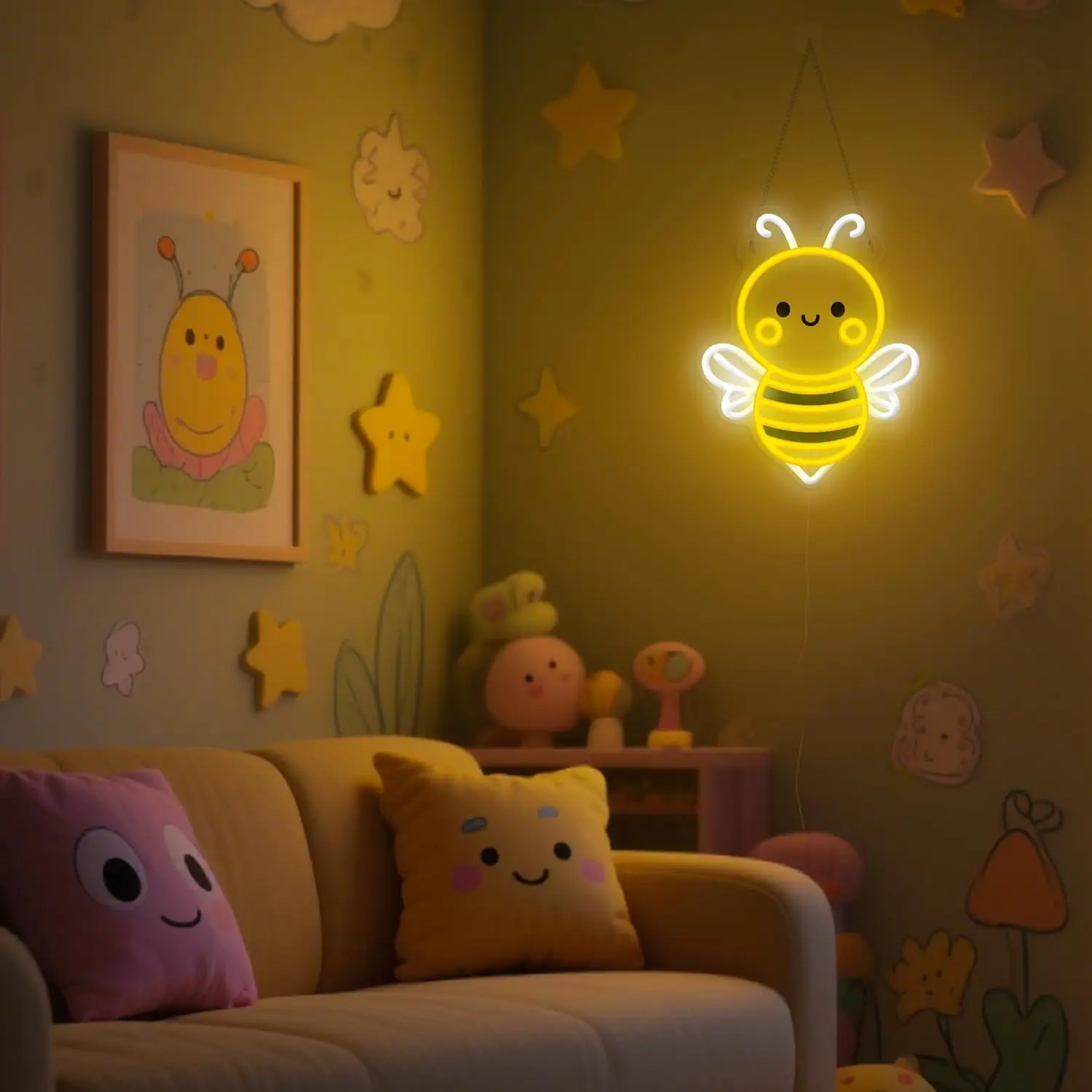 Cute Bumblebee Cartoon LED Neon Sign Light Dimmable for Nursery Kids Room Wall Decor Birthday Party Gift Sweet Honey Theme Lamp - view 4