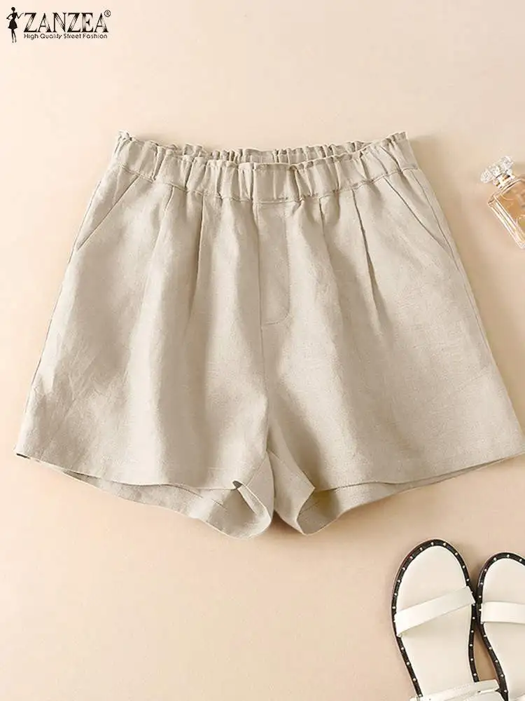 

ZANZEA Holiday Leisure Shorts Women Loose Elastic Waist 2024 Summer Short Pant Solid Color Everyday Elegant Casual Cotton Shorts