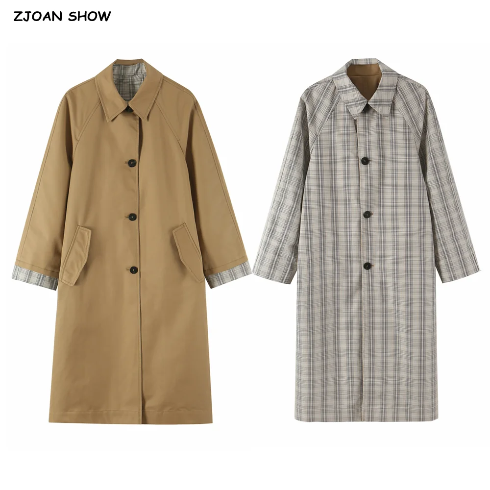 Vintage Women Autumn Lapel Collar Reversible Trench Single-breasted Buttons Back Slit Midi Long Windbreaker Coat Loose Outerwear
