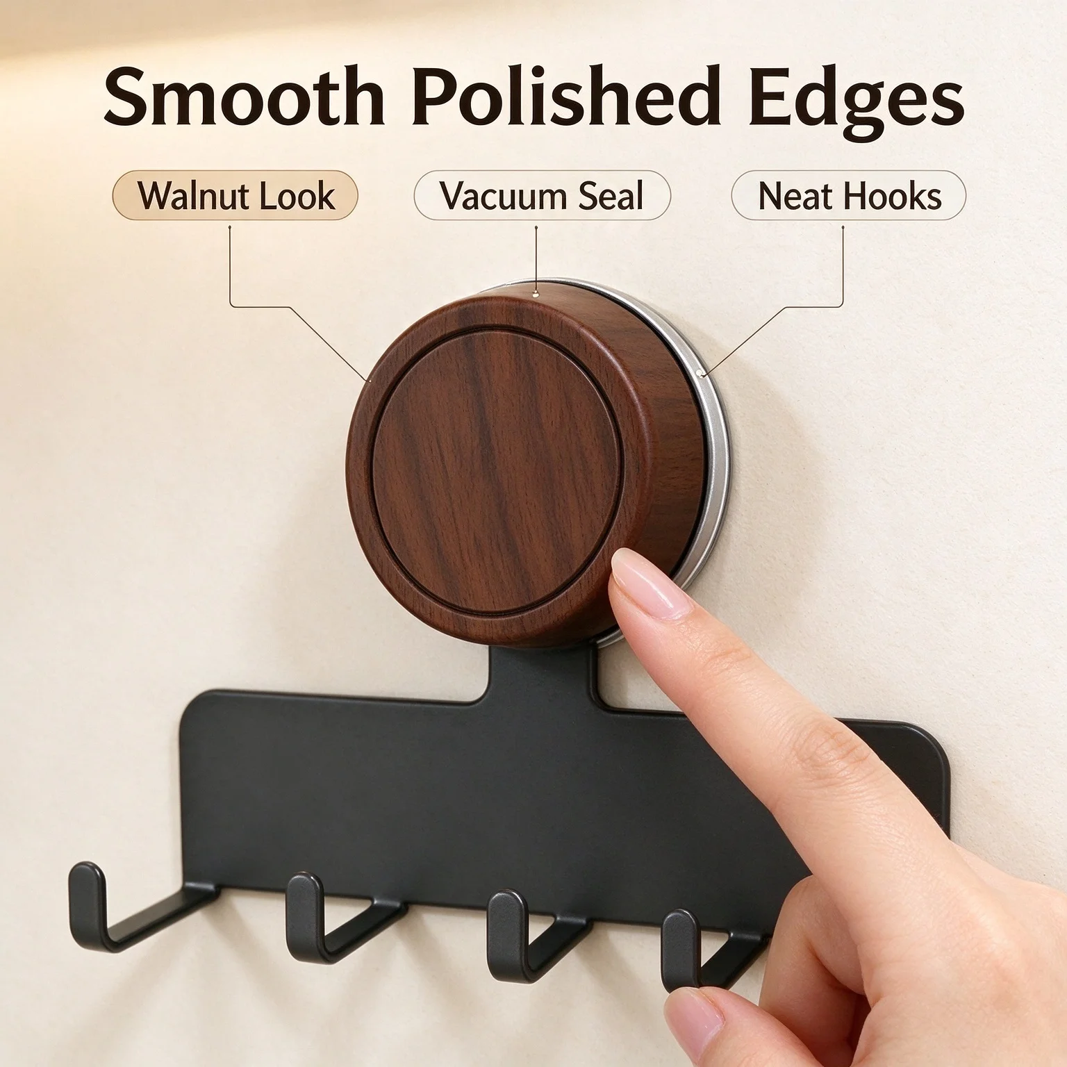 Carbon Steel Rotating Suction Cup Hook Rack No Drill Wall Hanger, Walnut Vacuum Suction Holder, Multi-Purpose Hooks for Kitchen